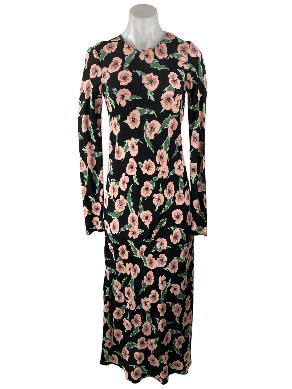 ZARA Multicolor Floral Print Crew Neck Long Sleeve Midi Maxi A-line Dress Sz 28